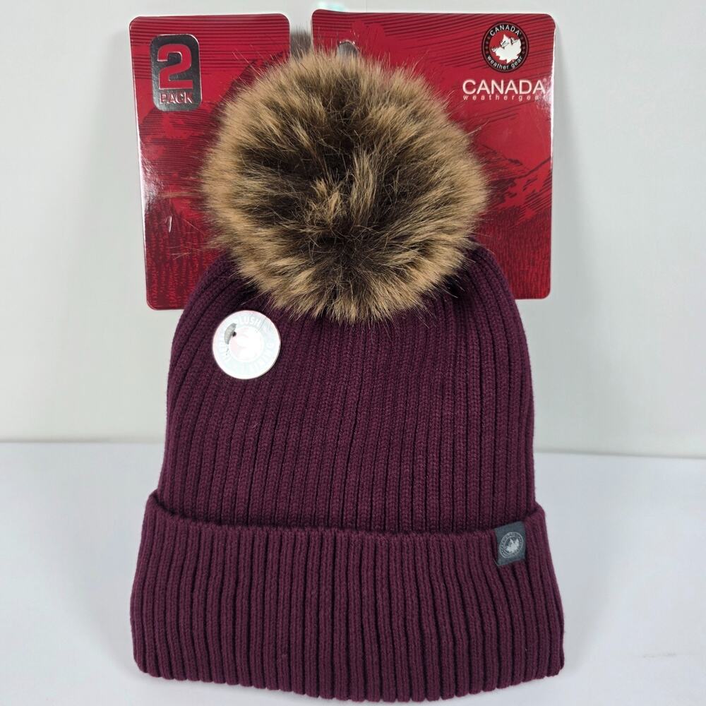 Canada Weather Gear 2 Pack Pom Pom Beanie Hat Purple Brown Winter Cap